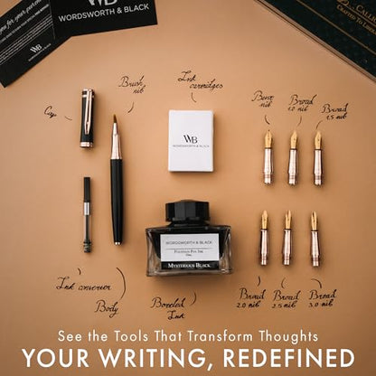Wordsworth & Black Luxury Calligraphy Pen Set, 6 Nibs, Black Rose | Fountain Ink Bottle, Cartridges & Refill Converter, Refillable, Black, High End Gift for Men & Women, Journaling & Lettering - color: Black Rose Gold
