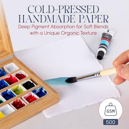 Wanderings Thick Handmade Watercolor Paper with Deckled Edge - 8" x 8" - 500GSM Premium White Cold Press Textured Mixed Media Paper Made with Recycled Cotton - 15 Sheets - color: White, size: 8x8 inches