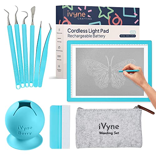 iVyne Complete Set Rechargeable A4 Light Pad, Weeding Tools for Vinyl, Weeding Scrap Collector for Cricut and Silhouette Machines for Weeding, Tracing, Drawing Projects - Blue - color: Blue, size: Rechargeable - Deluxe