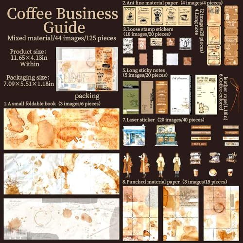 CraftBloom 125Pcs Coffee Vintage Scrapbook Paper and Stamp Stickers for Journaling Supplies, Antique Strip Labels & People Sticker for Scrapbooking, Bullet Journal, Collage, Planner, DIY Craft Kit