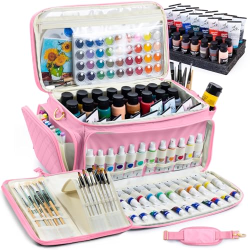 SFYBYHEART Quilted Acrylic Paint Organizer Bag with 13" Brush Holder Case, Art Supply Storage Bag with Foam Inserts for Bottles & Tubes, Large Craft Paint Organizer for Artists - color: Pink