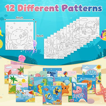 Anseal 12 Packs Pre Drawn Canvas to Paint, 4" X 4" Ocean Pre-Printed Paint Party, Pre Stretched Canvas Outline Painting Boards for Beginners, Party Favor - style: Ocean