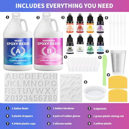 Minlebao Crystal Clear Epoxy Resin Kit 1 Gallon, High Gloss Bubble-Free Coating & Casting for DIY Art, Jewelry Making, River Tables - 1:1 Ratio with Measuring, Silicone Mold and Usage Tools - size: 1Gallon
