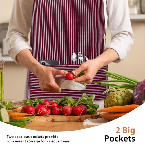 VALOME 2 Pack Kitchen Aprons with Pockets, Cooking Chef Apron for Men Women | Adjustable Neck Strap, Unisex Bib Soft Aprons, Cotton-Blend, for Grilling Cooking Gardening Baking - color: Brown & Red
