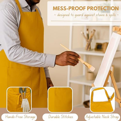 Native Fab Kitchen Apron 2 Pack - 100% Cotton Adjustable, Durable Apron with Pockets, Perfect for Cooking, Baking, Grilling - color: Mustard Yellow
