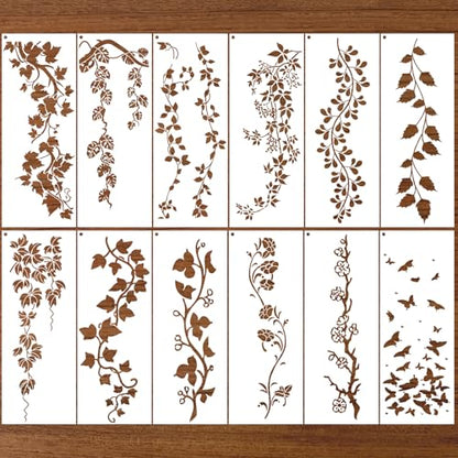 Leaf Vine Border Stencil for Painting - 12 Pcs Reusable Flowers Wall Stencils for Painting Large Pattern, Tree Stencil for Painting on Wood DIY Home Canvas Wardrobe Crafts Decoration - style: Vine Stencil