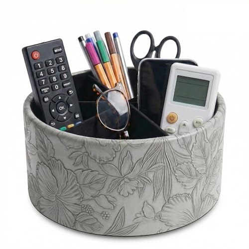 Remote Control Holder, 360°Spinning PU Leather Desk TV Remote Caddy,Desk Storage Box Room Accessories for Controller, Media,Mail,Calculator, Mobile Phone,Pencil(1-Carved Grey) - color: 1-Big Carved Grey