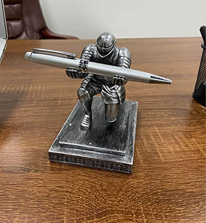 Executive Kneeling Knight Pen Holder with Pen - Unique Office Gifts | Heavy-Duty Resin, Antique Iron Finish, Weighted Non-Slip Base, Cool Desktop Decor - color: Iron