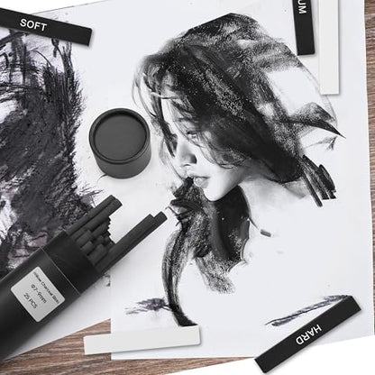 24 Pcs Compressed Charcoal Sticks with Soft, Medium, Hard and White Charcoal, Square Charcoal Stick Kit for Drawing, Sketching and Shading (12 Black and 12 White) - color: 12 Black + 12 White