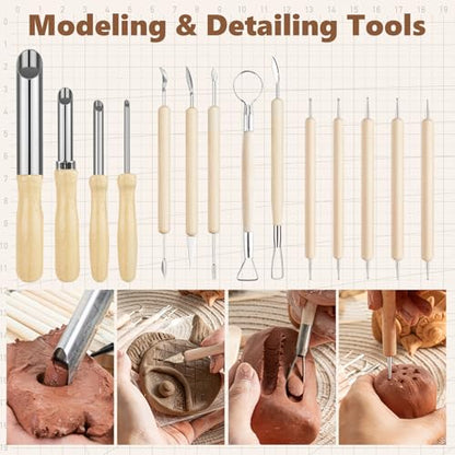 UUSYCUN 52PCS Pottery Tools for Sculpting, Ceramics Clay Tools for Pottery Kiln, Pottery Wheel, Trimming, Carving, Modeling, Beginners, Polymer Clay, Air Dry Clay, Pros, Adults, Crafting Supplies - color: Wood-52PCS