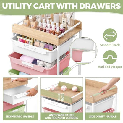 SYKIARIOL Utility Cart with 5 Labeling Drawers and Wooden Tabletop - color: Ice Cream, size: 5-Drawer