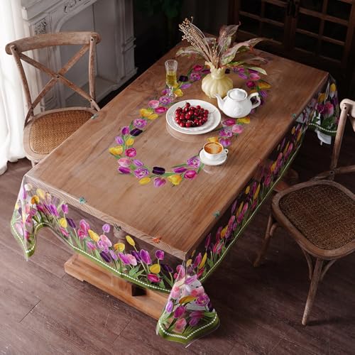Clear Table Protector Cover Vinyl Tulip PVC Tablecloth, 52“x70” | Dining Room, Kitchen Meals, Tabletop Protection, Easy Cleanup, Brunch, Parties, Holiday Gatherings, Everyday Use - color: Tulip, size: 52" x 70" (Rectangular)