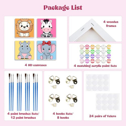 MXJSUA 4 Pack Lion Zebra Animals Paint by Numbers Kit with Framed Canvas for Kids, Hippo Elephant By Number Painting Kits for Ages 6-12 Kids, Acrylic Oil Paint by Number Kits for Beginners 8x8 Inch - color: Animal-F