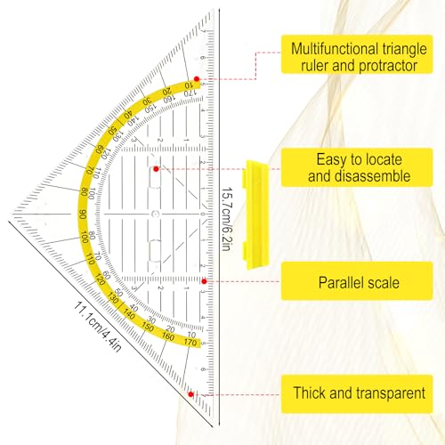 Multifunctional Triangle Ruler with Handle, 4 PCS Transparent Set Square with Protractor Plastic Triangle Ruler Set Drafting Triangles for Designers Architectors Engineers Geometry Drawing Tools
