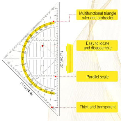 Multifunctional Triangle Ruler with Handle, 4 PCS Transparent Set Square with Protractor Plastic Triangle Ruler Set Drafting Triangles for Designers Architectors Engineers Geometry Drawing Tools