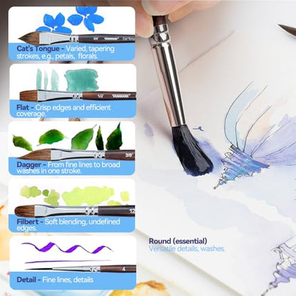Transon 11pcs Sable Watercolor Brushes Professional Brush Set for Watercolor Painting Gouache Painting - color: Brown