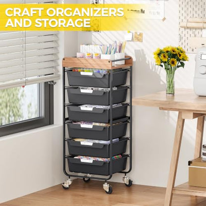 SYKIARIOL Utility Cart with 6 Labeling Drawers and Wooden Tabletop - color: Classic Black, size: 6-Drawer