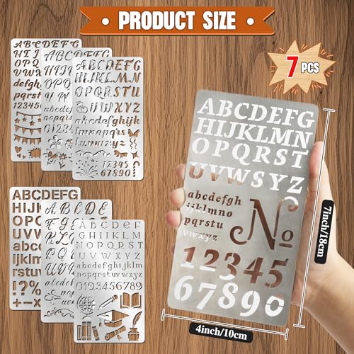 7PCS Metal Stencils Set,Stainless Steel Letter Number Stencils for Engraving, Wood Burning- Reusable Alphabet & Symbol Templates for Journaling, Scrapbooking, DIY Drawing Crafts Durable & Clear Lines - size: 7PCS Letter Number Stencils
