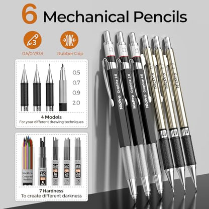 Nicpro 52PCS Art Drawing Supplies Kit for Artist Adults Sketching | Metal Mechanical Pencil Set 0.5, 0.7, 0.9 & 2mm, 9x12 Sketch Book, 12 Fineliner Pens, 288 Leads, School Supplies Drawing Kit - size: 52