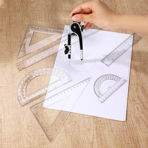 Zonon 1 Set Plastic Geometry Math Set 7 Pcs Includes 6'' / 4 '' Protractor, Drawing Compass, 45/60 Degree Triangle Rulers, 12'' / 6'' Math Ruler Transparent for Office Supplies(Clear) - color: Clear