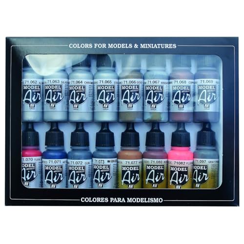 Vallejo Paints: Model Air Color Set - Metallic Effects - 16 Paint Colors - 18ml (.60oz) Bottles, Acrylics for Modeling & Miniatures, Opaque, Hobby