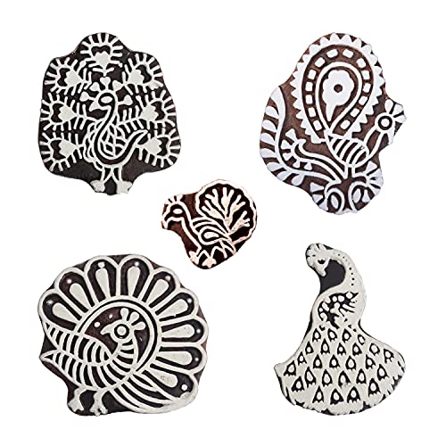 Royal Kraft Peacock Wooden Printing Stamps (Set of 5) - DIY Henna Fabric Textile Paper Clay Pottery Blocks Htag2215 - color: Htag2215