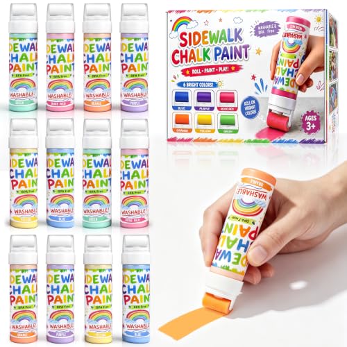 12 Pcs Roller Sidewalk Chalk Paint Set, Washable Powdered Chalk Mix in Water with Foam Rollers, Outdoor Art Graffiti Kit for Driveway, Playground and Sidewalk Paint (6 Colors)