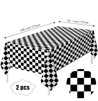HEIPINIUYE 2 Pack Checkered Tablecloth Disposable 54 x 108 Inch Black and White Checkered Flag Plastic Table Cloth Disposable Rectangle Table Cover for Party Birthday Race Car Tablecloths - color: Checkered Tablecloth, size: 2 Pack