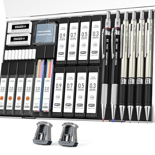 Four Candies 27PCS Metal Mechanical Pencil Set, Art Supplies with Case - style: 0.3mm+0.5mm+0.7mm+0.9mm+2.0mm