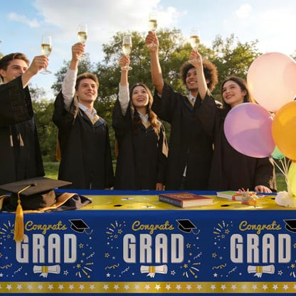 4 Pack Pack Graduation Tablecloth 54"x108" Disposable Plastic Tablecloths Gongrats Grad Tablecover for Graduation Party Supplies (Blue) - color: Graduation Blue