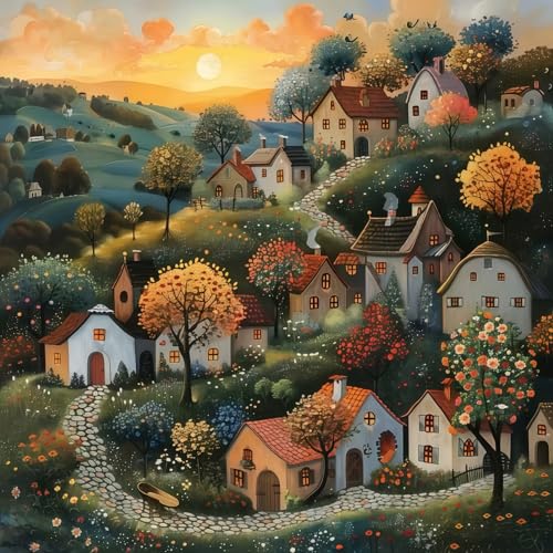 Diamond Art Kits for Adults,Country Cottage 5D Diamond Painting Kits | Dots for Adults,5D DIY Paint by Diamonds,Full Drill Round Diamond Dot Gem Art Painting, Home Wall Decor, 13.8X13.8 inch - color: KM875-1