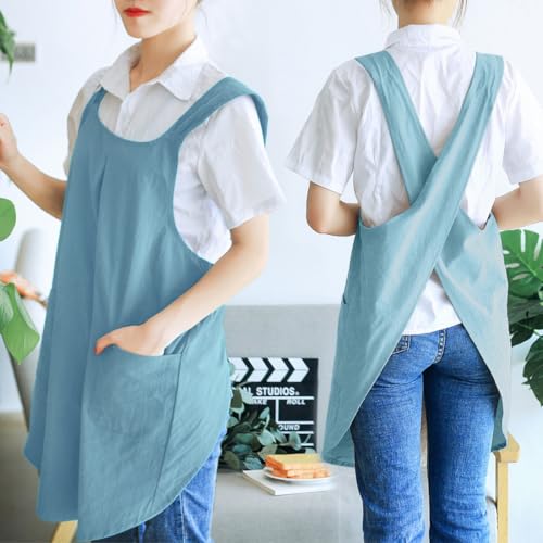 NEWGEM Japanese Cotton Linen Cross Back Cooking Apron for Women Men with Pockets Cute for Baking Kitchen - color: 10 - Women's Light Blue