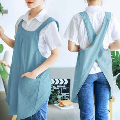NEWGEM Japanese Cotton Linen Cross Back Cooking Apron for Women Men with Pockets Cute for Baking Kitchen - color: 10 - Women's Light Blue