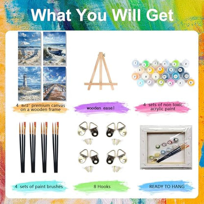 4 Pack Beach Paint by Numbers for Adults with Framed Canvas - Wooden Easel - color: BKH2393+BKH2394+BKH2395+BKH2396