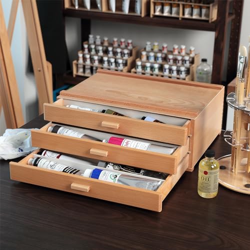 HG Art Concepts Artists Storage Chests, Stackable, 3 Drawer Deep, 1-Pack | Removable Dividers, Natural Birch & Sturdy Wood Construction. Studio Organizer for Paint Tubes, Brushes, Pencils & Markers