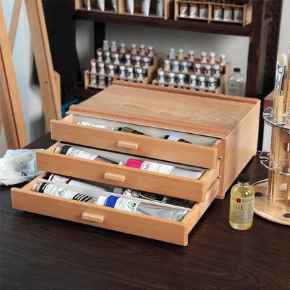 HG Art Concepts Artists Storage Chests, Stackable, 3 Drawer Deep, 1-Pack | Removable Dividers, Natural Birch & Sturdy Wood Construction. Studio Organizer for Paint Tubes, Brushes, Pencils & Markers