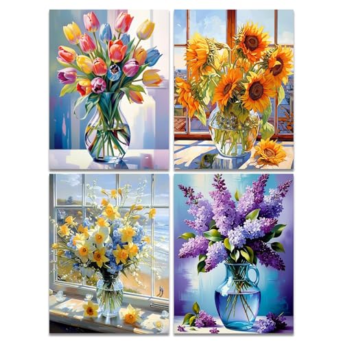 Muzagroo Art Flowers Diamond Paintings Kits for Adults Sunflower Diamond Art Kits for Beginners Hand Crafts Full Drill 5D Diamond Dots Kits DIY Gem Art 12X16 inches 4PCS (Sunflowers) - color: 14-Sunflowers