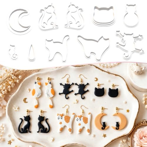 10pcs Cat Polymer Clay Cutters for Earrings, Moon & Cat Molds | Black cat shapes, clean cuts, smooth edges, ideal for earrings, charms, pendants and DIY jewelry projects - color: Black Cat
