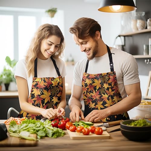 Fall Aprons for Adults Women Men Golden Red Maple Leaves Apron with Pockets Adjustable Strap Kitchen Chef Apron Black Cooking Apron for Cooking Barbecue Crafting Sewing - color: Fall Maple Leaves