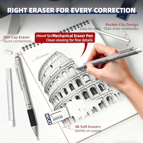 WUO 0.7 mm Mechanical Pencil Set with Eraser Pen Storage Case, 3 PCS | Metal Drafting Pencils, 360 HB Lead Refills, 3x4B Erasers, 12 Eraser Refills for School Artist Writing Drawing Sketching - color: Black 2 - 0.7mm (3 Pack)