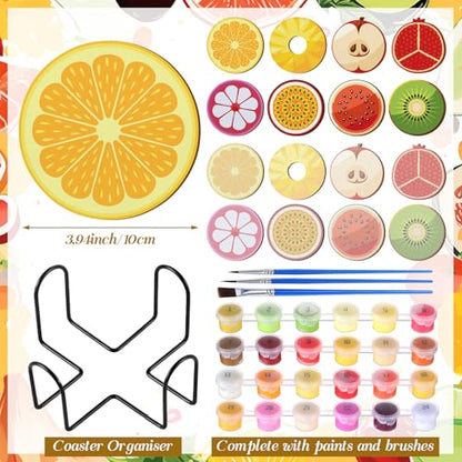 Reallnaive 8 Pcs Fruit Paint by Numbers Kit for Adults Wooden Coasters | Mini Paint by Numbers, Tiny Round Oil Painting Drink Coaster with Holder, for Small DIY Craft Birthday Gift - style: Fruit