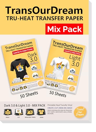 TransOurDream Tru-Heat Transfer Paper for T Shirts (50+50 Sheets, 8.5x11", Mix Pack) Printable Heat Transfer Vinyl for Dark & Light Fabrics Iron on Transfers for LaserJet & Inkjet Printer - color: Mix, size: 100 Sheets