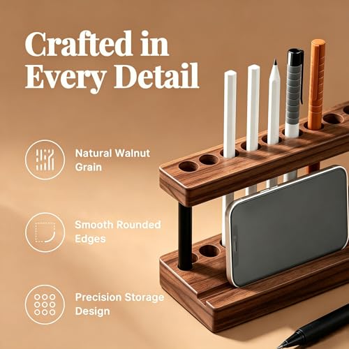 Pencil & Pen Holder for Desk, Solid Walnut Pen Display Stand with 9 Slots and Cell Phone Holder, Aesthetic Pen Organizer for Minimalist Office Desk Decor