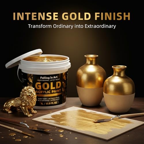 Falling in Art 33.8 Oz Heavy Body Gold Metallic Acrylic Paint, Non-Toxic | Art Craft Paints for Canvas, Wood, Clay, Fabric, Metal, Furniture - color: Gold