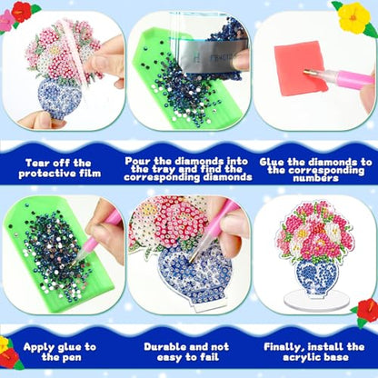 Kosiz 9 Pcs Chinoiserie Flower Diamond Painting Tabletop Decoration, Double Sided Acrylic Porcelain Diamond Art Kit for Adult, DIY 5D Rhinestone Blue White Flower Centerpiece for Table Home Desk Decor - style: Chinoiserie