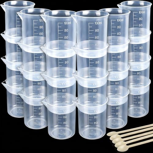 LEOBRO 24 PCS 100ml Resin Measuring Cups, Graduated Epoxy Resin Mixing Cups, Small Plastic Beakers, Plastic Measuring Cup for Paint, Art Craft, Soap Candle Tumbler Making