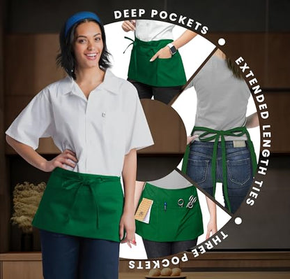Avalon Kitchen Server Aprons with 3 Pockets – 100% Polyester Waist Apron, 24x12 Inch Half Apron, Waitress Apron for Servers - color: Green, style: Pack of 12