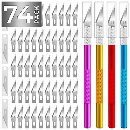 JTIEO Exacto Knife Hobby Knife 74 Pack with 4 Upgrade Sharp Hobby Knives and 70 Spare Exacto Knife Blades for Art, Scrapbooking,Stencil - color: Colorful