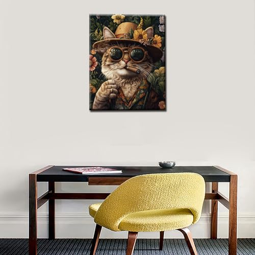Cat Wearing Sunglasses Paint by Numbers for Adults Beginner Animals and Flower Oil Painting Kits on Canvas with Brushes and Acrylic Painting Crafts DIY Home Wall Decor 16X20 Inch (Frameless) - color: Hat Animal-04, size: 16''x20''(Frameless)