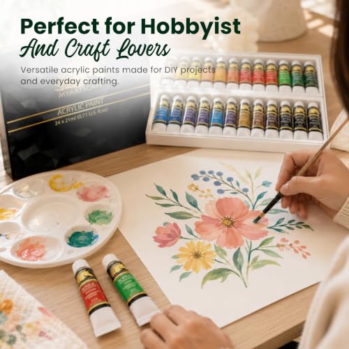 MyArtscape Heavy Body Acrylic Paint Set - 24 x 21ml Acrylic Paint | Rich pigment heavy body acrylic paint with 75 percent more paint for canvas wood fabric and multi surface projects